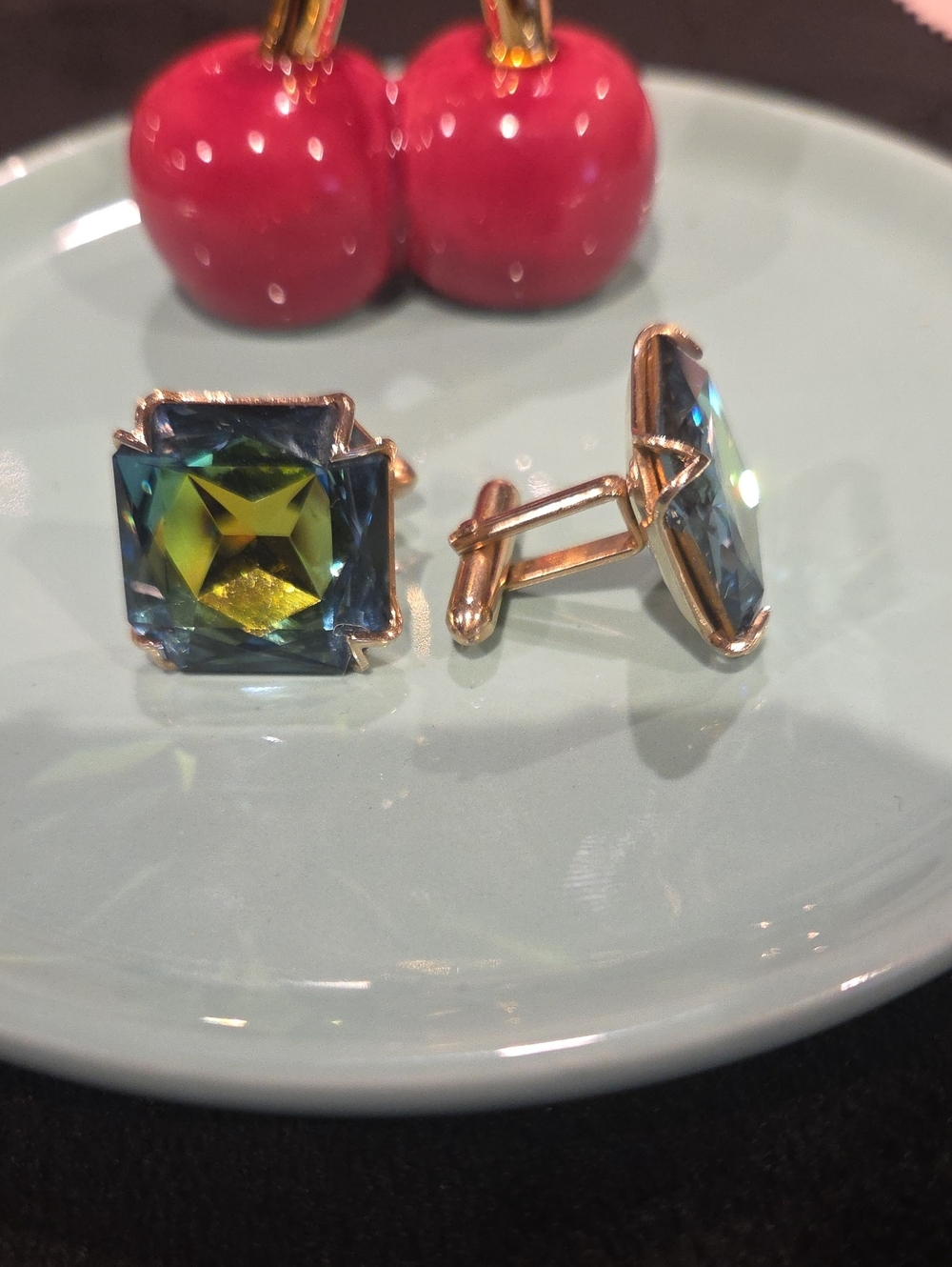 Crystal Square Cufflinks in Blue-Green with Rose Gold Setting